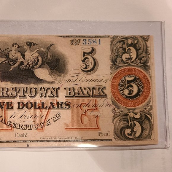 Hagerstown Bank $5 Obsolete Banknote, Ca. 1850s - Picture 2 of 7